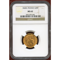 【SOLD】フランス 1868A 20フラン 金貨 ナポレオン3世有冠 NGC MS62