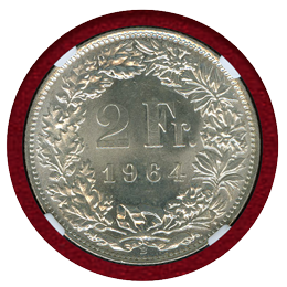スイス 1964B 2フラン 銀貨 ヘルベティア立像 NGC MS64