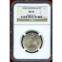 スイス 1964B 2フラン 銀貨 ヘルベティア立像 NGC MS64