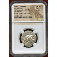 古代ギリシャ アッティカ 475-165BC 4ドラクマ 銀貨 フクロウ Ch AU フルクレスト!