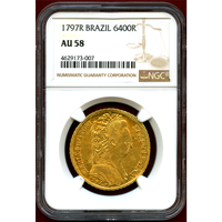 【SOLD】ブラジル 1797R 6400レイス 金貨 マリア1世 NGC AU58