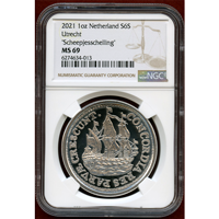 オランダ ユトレヒト 2021年 6スタイバー 銀貨 帆船 NGC MS69(PF)