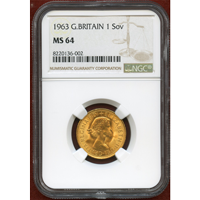 【SOLD】イギリス 1963年 ソブリン 金貨 エリザベス2世 NGC MS64