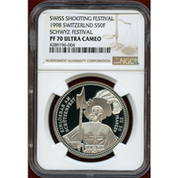 スイス 現代射撃祭 1998年 50フラン 銀貨 シュヴィーツ NGC PF70UC