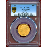 【SOLD】イギリス 1864年 ソブリン 金貨 ヴィクトリア ヤングヘッド PCGS MS62