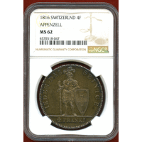 スイス アッペンツェル 1816年 4フランケン 銀貨 騎士立像 NGC MS62