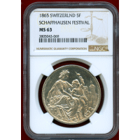 スイス 連邦射撃祭 1865年 5フラン 銀貨 シャフハウゼン NGC MS63