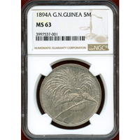 独領ニューギニア 1894A 5マルク 銀貨 極楽鳥 NGC MS63
