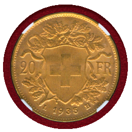 スイス 1935LB 20フラン 金貨 アルプスと少女 リストライク NGC MS66