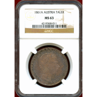【SOLD】オーストリア 1861A ターラー 銀貨 フランツヨーゼフ1世 NGC MS63