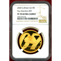 イギリス 2020年 100ポンド 金貨 Pay Attention 007 NGC PF70UC