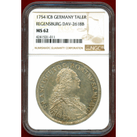 【SOLD】ドイツ レーゲンスブルク 1754ICB ターラー 銀貨 都市景観 NGC MS62