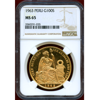 ペルー 1963年 100ソル 金貨 女神座像 NGC MS65