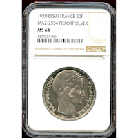 【SOLD】フランス 1929年 20フラン 銀貨 試作貨 ピエフォー NGC MS64