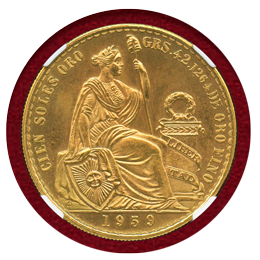 ペルー 1959年 100ソル 金貨 女神座像 NGC MS66