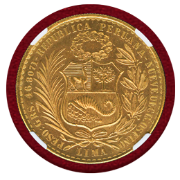 ペルー 1959年 100ソル 金貨 女神座像 NGC MS66