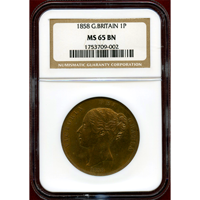 イギリス 1858年 ペニー 銅貨 ヴィクトリア ヤングヘッド NGC MS65BN
