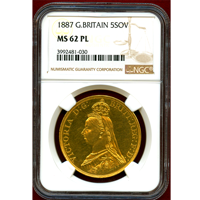 イギリス 1887年 5ポンド 金貨 ヴィクトリア ジュビリーヘッド NGC MS62PL
