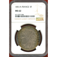 【SOLD】フランス 1851A 5フラン 銀貨 女神セレス NGC MS62