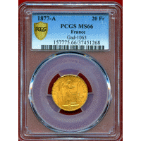 フランス 1877A 20フラン 金貨 エンジェル PCGS MS66