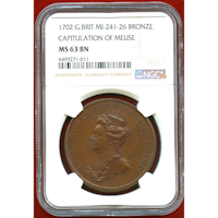 【SOLD】イギリス (1702) 銅メダル アン女王 ムーズ川の戦い NGC MS63BN