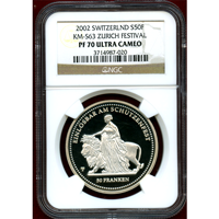スイス 現代射撃祭 2002年 50フラン 銀貨 ウナとライオン NGC PF70UC