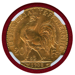 フランス 1908年 20フラン 金貨 ルースター NGC MS65
