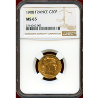 フランス 1908年 20フラン 金貨 ルースター NGC MS65