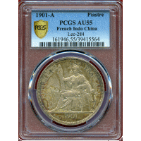 仏領インドシナ 1901A ピアストル 銀貨 自由の女神 PCGS AU55