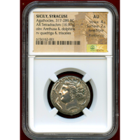 古代ギリシャ シラクサ 紀元前317-289年 4ドラクマ銀貨 アレトゥーサ NGC AU