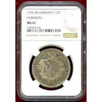 【SOLD】ドイツ ニュルンベルク 1766SR  1/2ターラー 銀貨 両紋章 NGC MS61