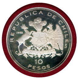 チリ 1968 10ペソ銀貨 Liberation Fleet Arrival NGC PF65UC