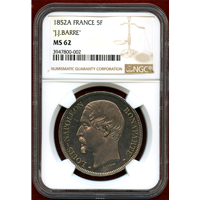 フランス 1852A 5フラン 銀貨 ナポレオン3世 "J.J.BARRE" NGC MS62