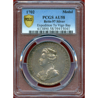 【SOLD】イギリス 1702年 銀メダル アン女王 ビーゴ湾の海戦 PCGS AU58