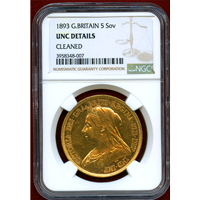 イギリス 1893年 5ポンド 金貨 ヴィクトリア オールドヘッド NGC UNC DETAILS