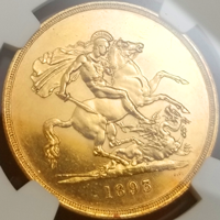 イギリス 1893年 5ポンド 金貨 ヴィクトリア オールドヘッド NGC UNC DETAILS