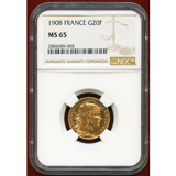 フランス 1908年 20フラン 金貨 ルースター NGC MS65