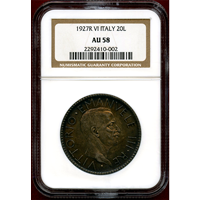 イタリア 1927R(VI) 20リレ 銀貨 エマヌエレ3世 NGC AU58