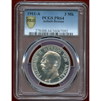 ドイツ アンハルト=デッサウ 1911A 3マルク銀貨 プルーフ フリードリヒ2世 PR64