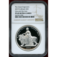 イギリス 2019年 5ポンド(2oz) 銀貨 ウナとライオン NGC PF69UC