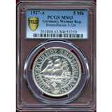 【SOLD】ワイマール共和国 1927A 5マルク 銀貨 ブレーマーハーフェン PCGS MS63