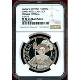 スイス 現代射撃祭 1998年 50フラン 銀貨 シュヴィーツ NGC PF70UCAM