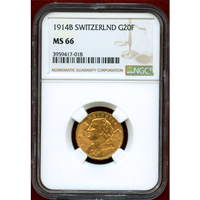 【SOLD】スイス 1914B 20フラン 金貨 アルプスと少女 NGC MS66