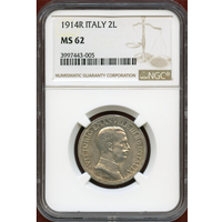 【SOLD】イタリア 1914R 2リレ銀貨 エマヌエレ3世 クァドリガ NGC MS62