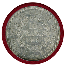 【SOLD】スイス ジュネーブ 1848年 10フラン 銀貨 PCGS UNC Detail
