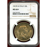 イタリア 1927R(VI) 20リレ 銀貨 エマヌエレ3世 NGC MS66+