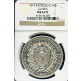【SOLD】スイス 1847年 近代射撃祭 40バッツェン 銀貨  グラールス NGC MS63PL