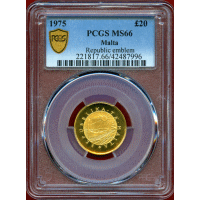 マルタ 1975年 20ポンド 金貨 国章 カニ PCGS MS66