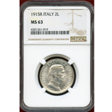 【SOLD】イタリア 1915R 2リレ銀貨 エマヌエレ3世 クァドリガ NGC MS63