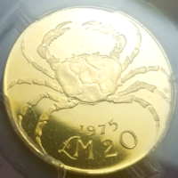 マルタ 1975年 20ポンド 金貨 国章 カニ PCGS MS66